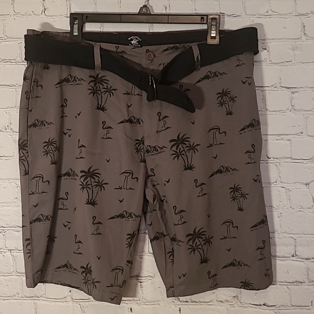 Dark Grey Size 36 shorts Flamingo Tropical Palm Tree Belted Polo Club Cotton